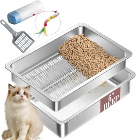 Stainless Steel Sifting Cat Litter Box for Pine Pellets, XL Extra Large Metal Cat Litter Box Sifter Pan with Litter Scoop, Low Dust, Odor Control, Easy Cleaning