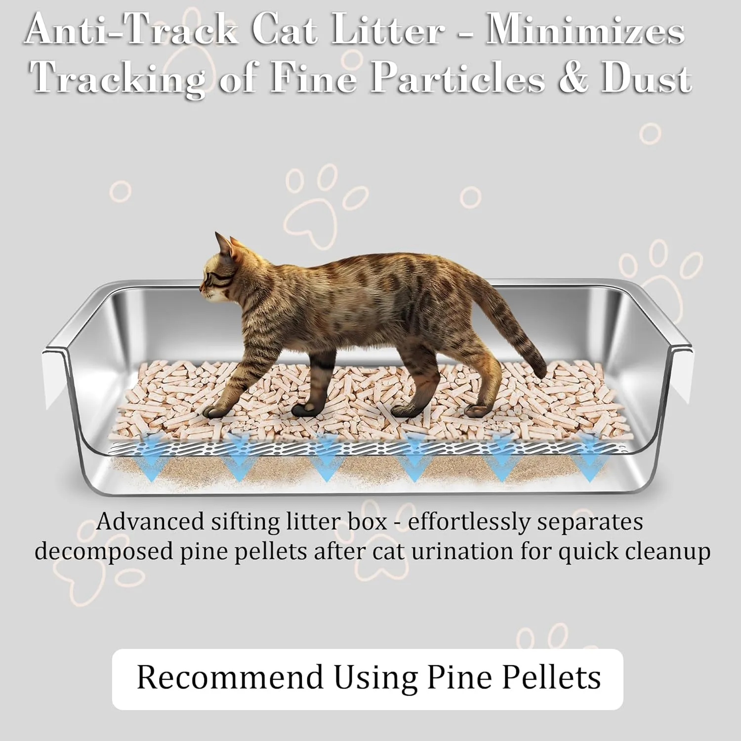 Stainless Steel Sifting Cat Litter Box for Pine Pellets, XL Extra Large Metal Cat Litter Box Sifter Pan with Litter Scoop, Low Dust, Odor Control, Easy Cleaning