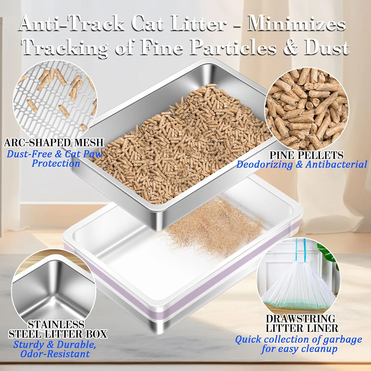 Stainless Steel Sifting Cat Litter Box for Pine Pellets, XL Extra Large Metal Cat Litter Box Sifter Pan with Litter Scoop, Low Dust, Odor Control, Easy Cleaning