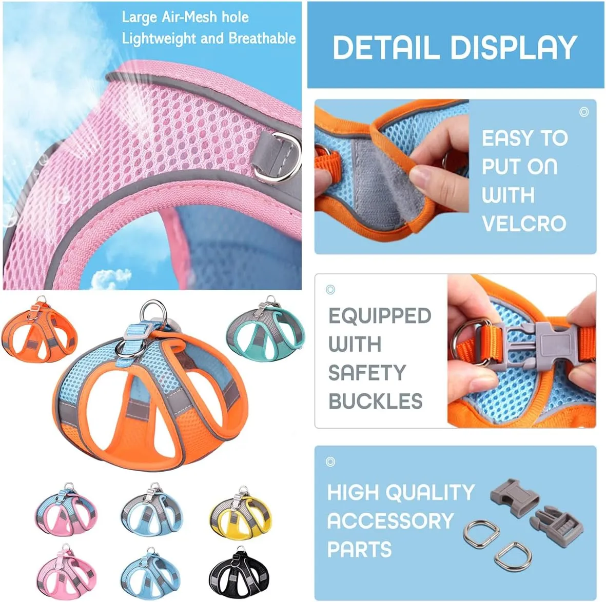 Step-in Pet Harness with a Free 59 inch Leash Included - Breathable Air Mesh for Dogs & Cats, with Reflective Straps, Safe Vest Built with Buckle & Double Metal Rings, Blue & Pink, L