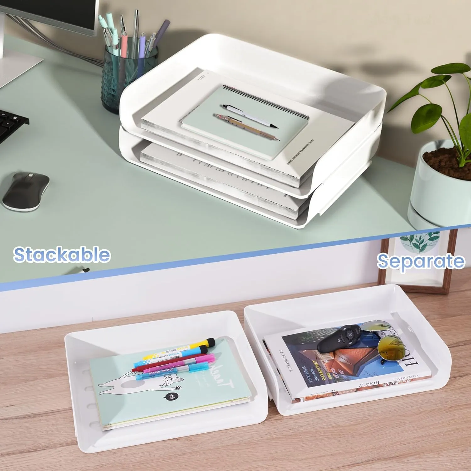 Tomorotec Desk Letter Tray Set, A4 Size White Stackable Document Organizer Office Desktop File Paper Holder Book Storage Rack Side Load Anti-Skid Stacking Support Convex Bottom (2X Landscape)