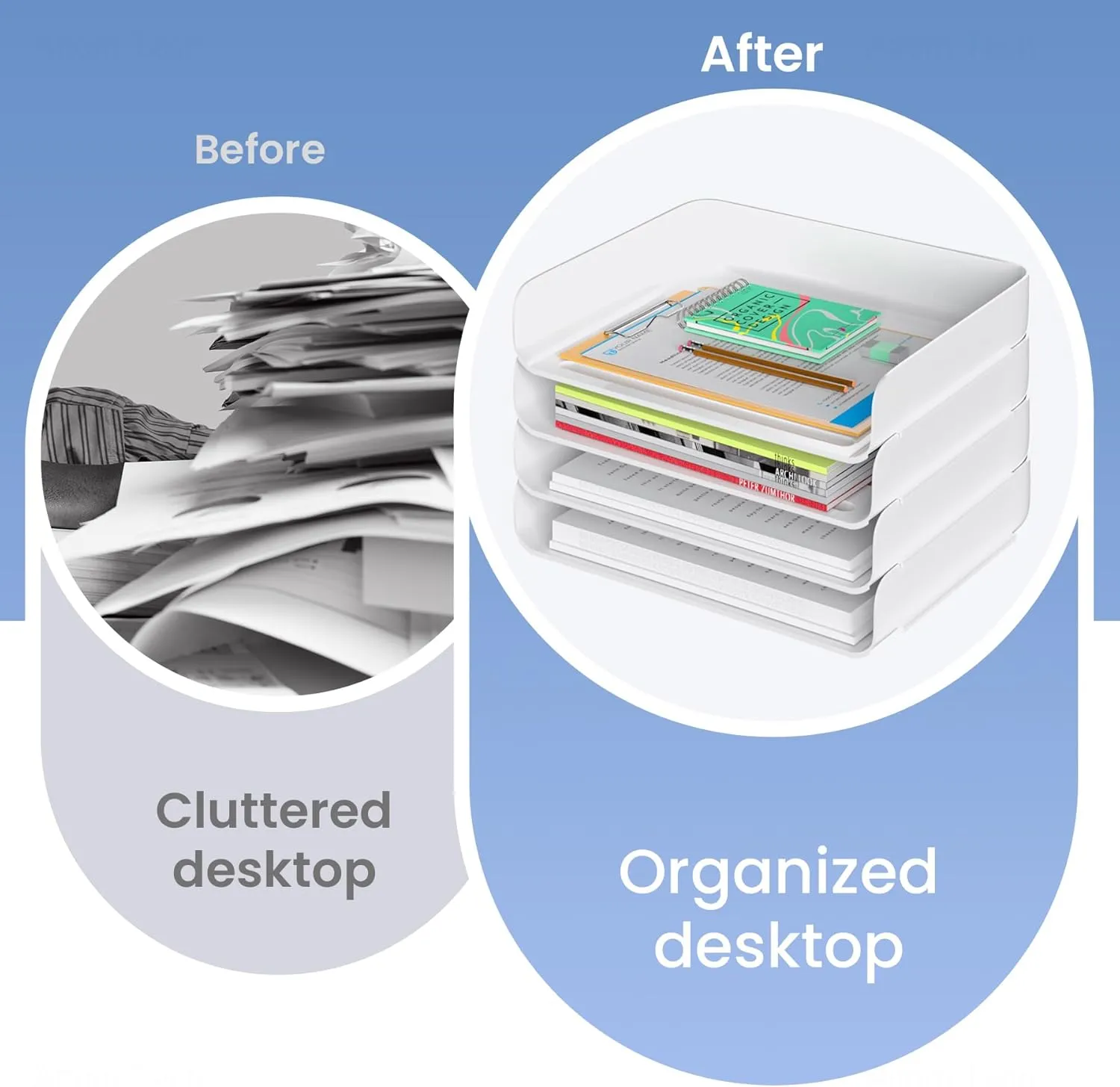 Tomorotec Desk Letter Tray Set, A4 Size White Stackable Document Organizer Office Desktop File Paper Holder Book Storage Rack Side Load Anti-Skid Stacking Support Convex Bottom (2X Landscape)