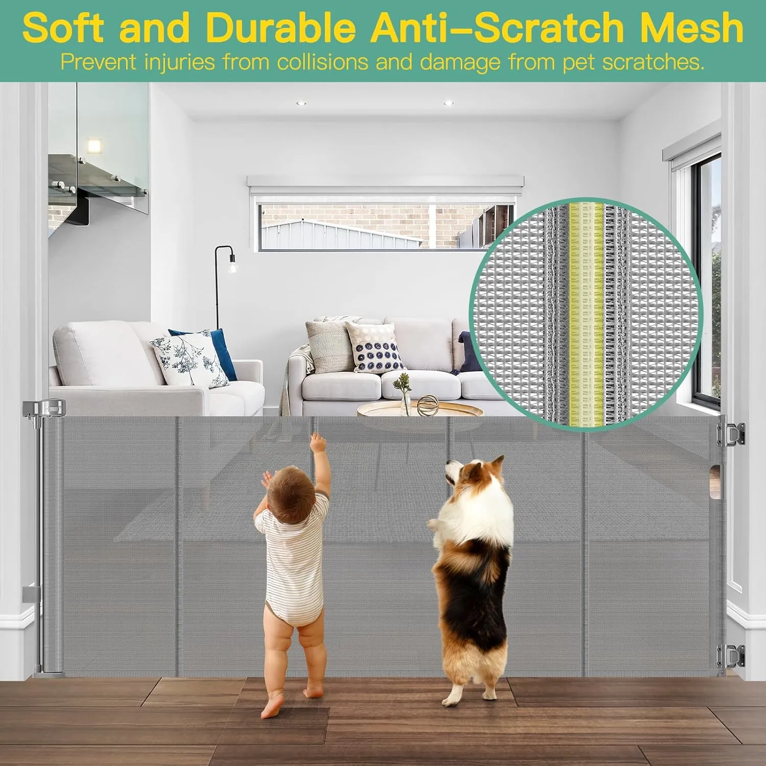 Upgraded 60" Wide Retractable Dog Gate with Reinforced Rods - Bottom Anti-Escape, 5 ft Retractable Baby Gates for Doorways Retractable Gates for Dogs Indoor/Outdoor Retractable Pet Gate, Gray