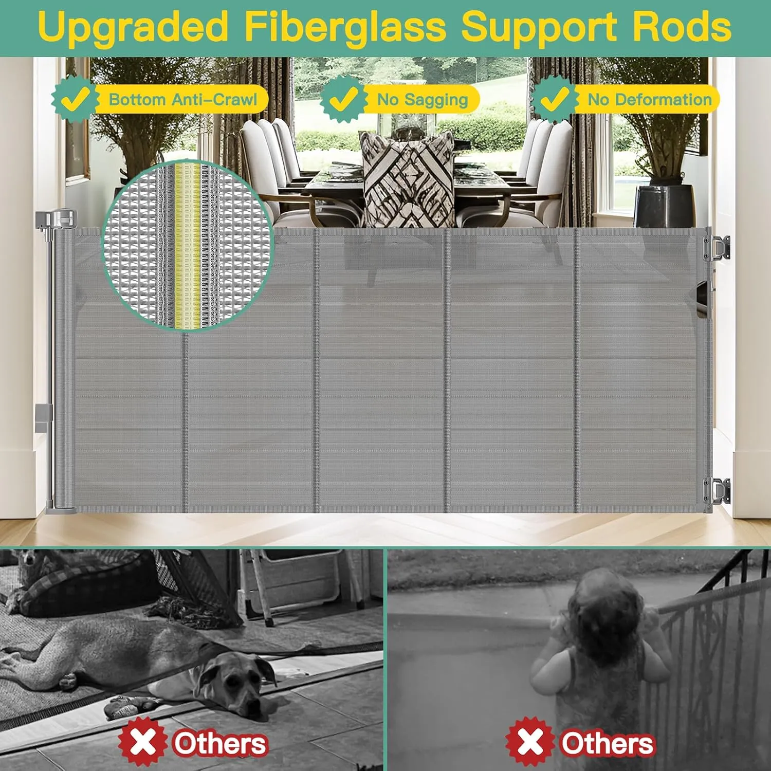 Upgraded 60" Wide Retractable Dog Gate with Reinforced Rods - Bottom Anti-Escape, 5 ft Retractable Baby Gates for Doorways Retractable Gates for Dogs Indoor/Outdoor Retractable Pet Gate, Gray