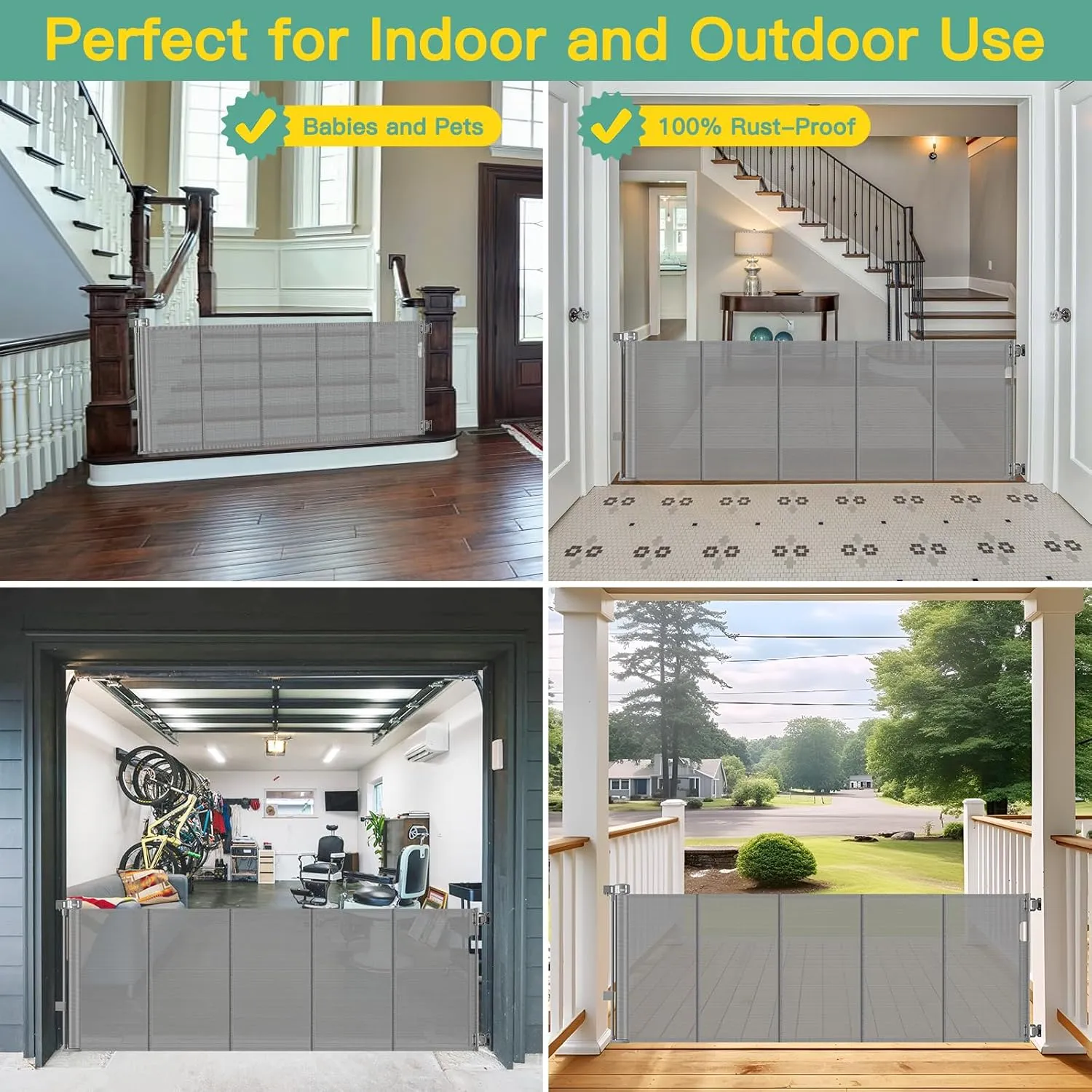 Upgraded 60" Wide Retractable Dog Gate with Reinforced Rods - Bottom Anti-Escape, 5 ft Retractable Baby Gates for Doorways Retractable Gates for Dogs Indoor/Outdoor Retractable Pet Gate, Gray