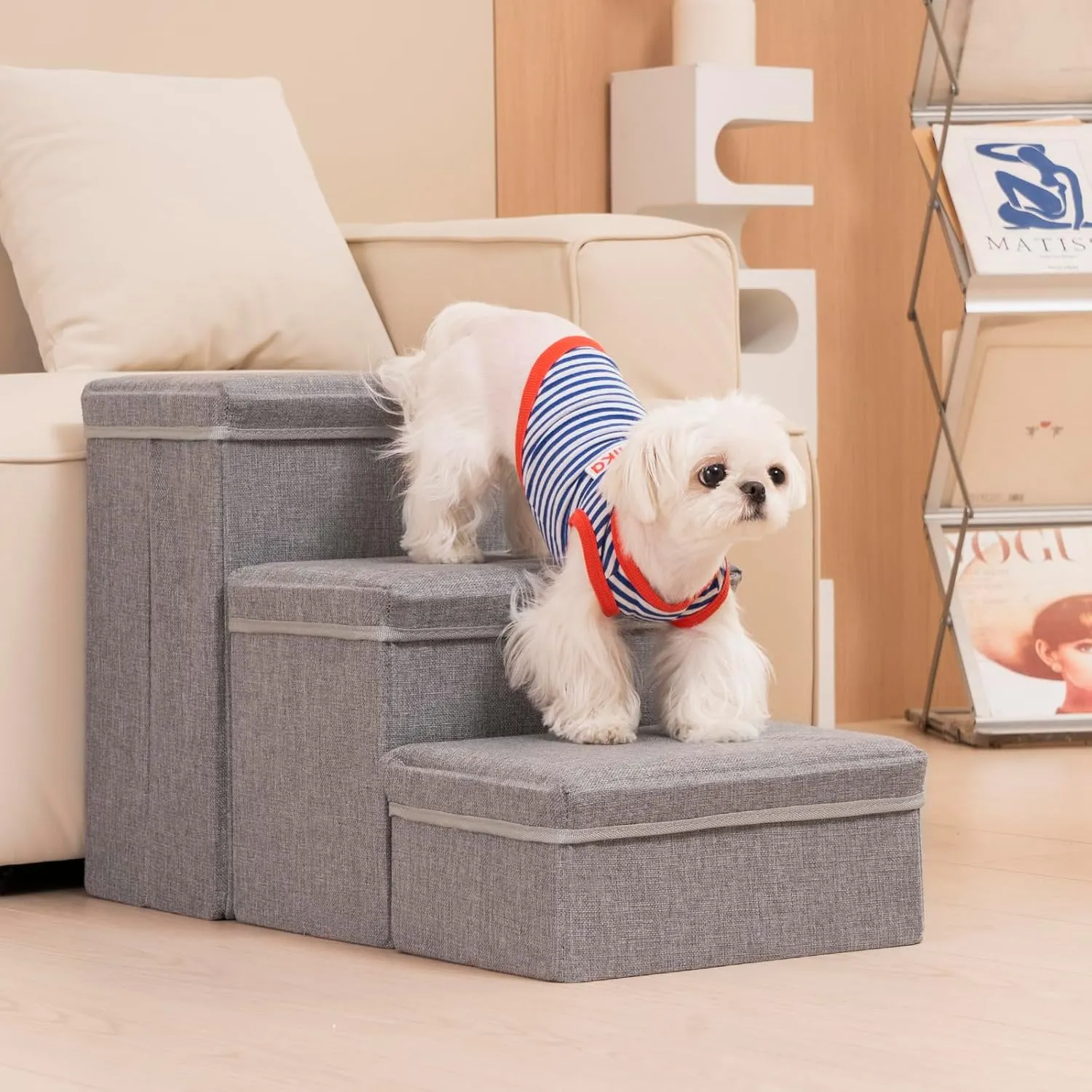 Uross Dog Stairs with Storage - 3-Step Pet Stairs for Small to Large Dogs, Cats, Puppies - Grey