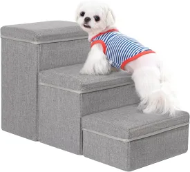 Uross Dog Stairs with Storage - 3-Step Pet Stairs for Small to Large Dogs, Cats, Puppies - Grey