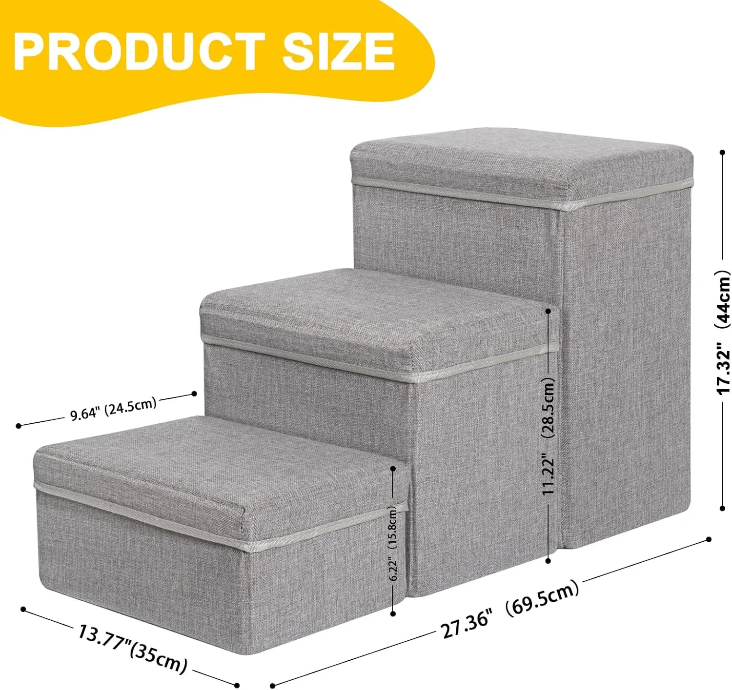 Uross Dog Stairs with Storage - 3-Step Pet Stairs for Small to Large Dogs, Cats, Puppies - Grey