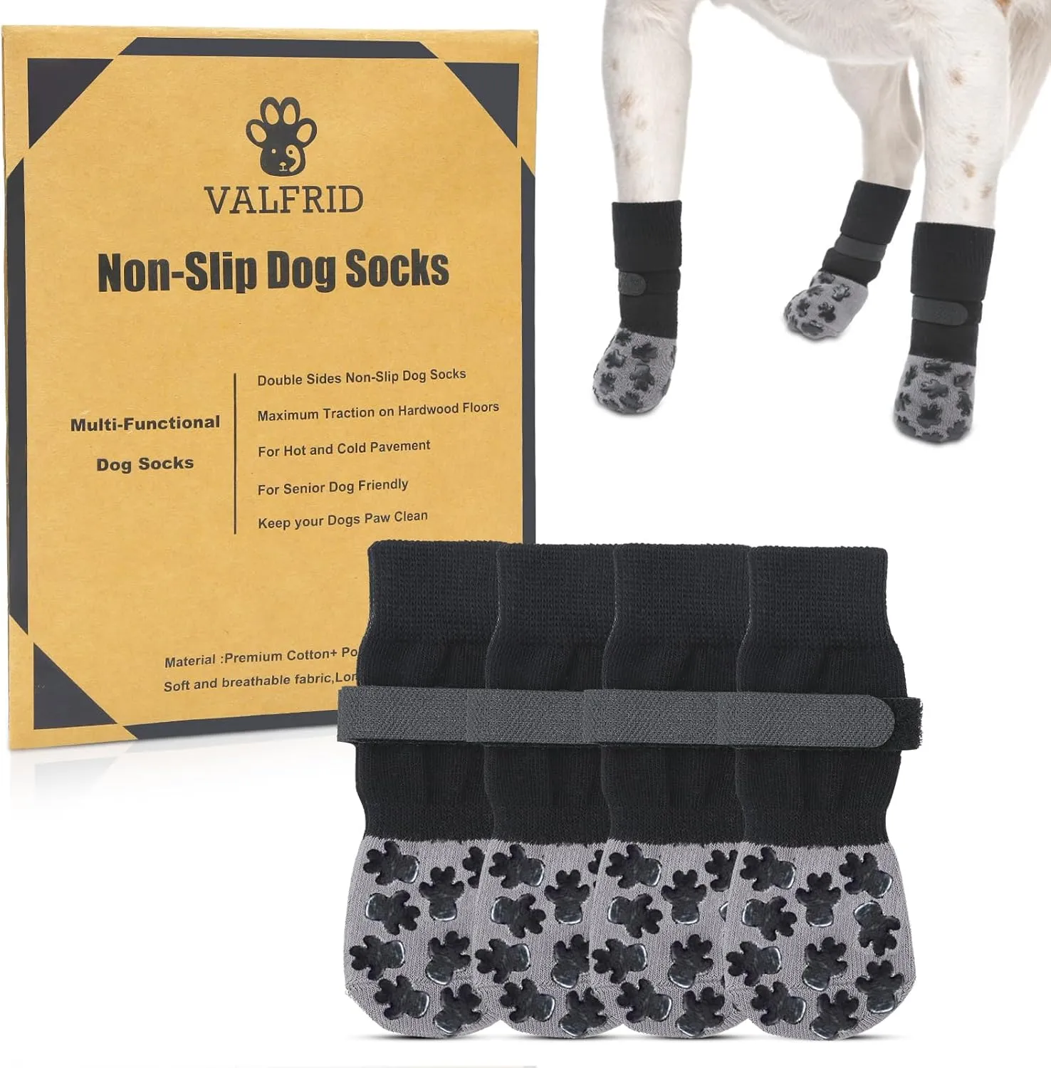 VALFRID Non-Slip Dog Socks with Double Sides Grips,Durable Grip Socks for Senior Dogs,Hardwood Floors Anti-Slip,Dog Booties for Small Medium Large Dogs M