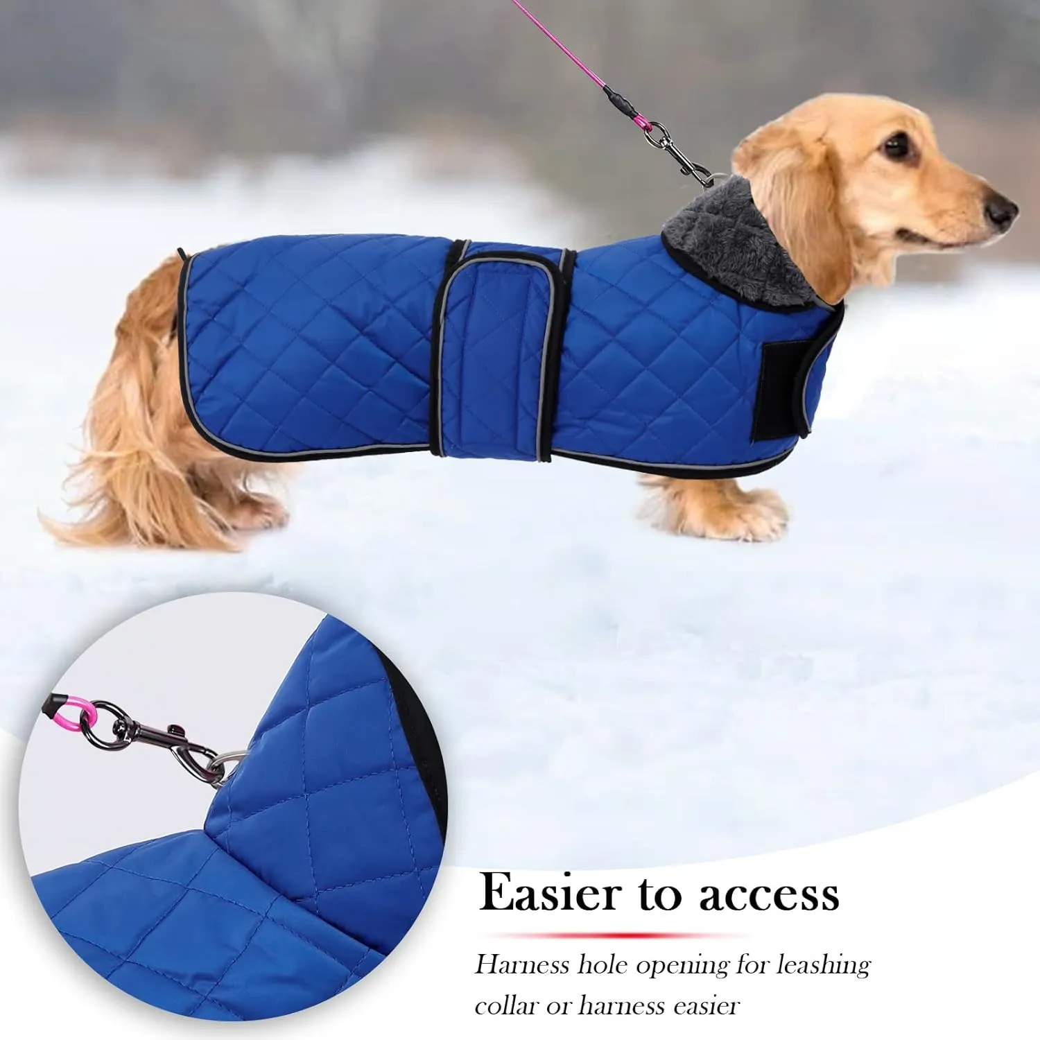 Warm Thermal Quilted Dachshund Coat, Dog Winter Coat with Warm Fleece Lining, Outdoor Dog Apparel with Adjustable Bands for Medium, Large Dog-Blue-M