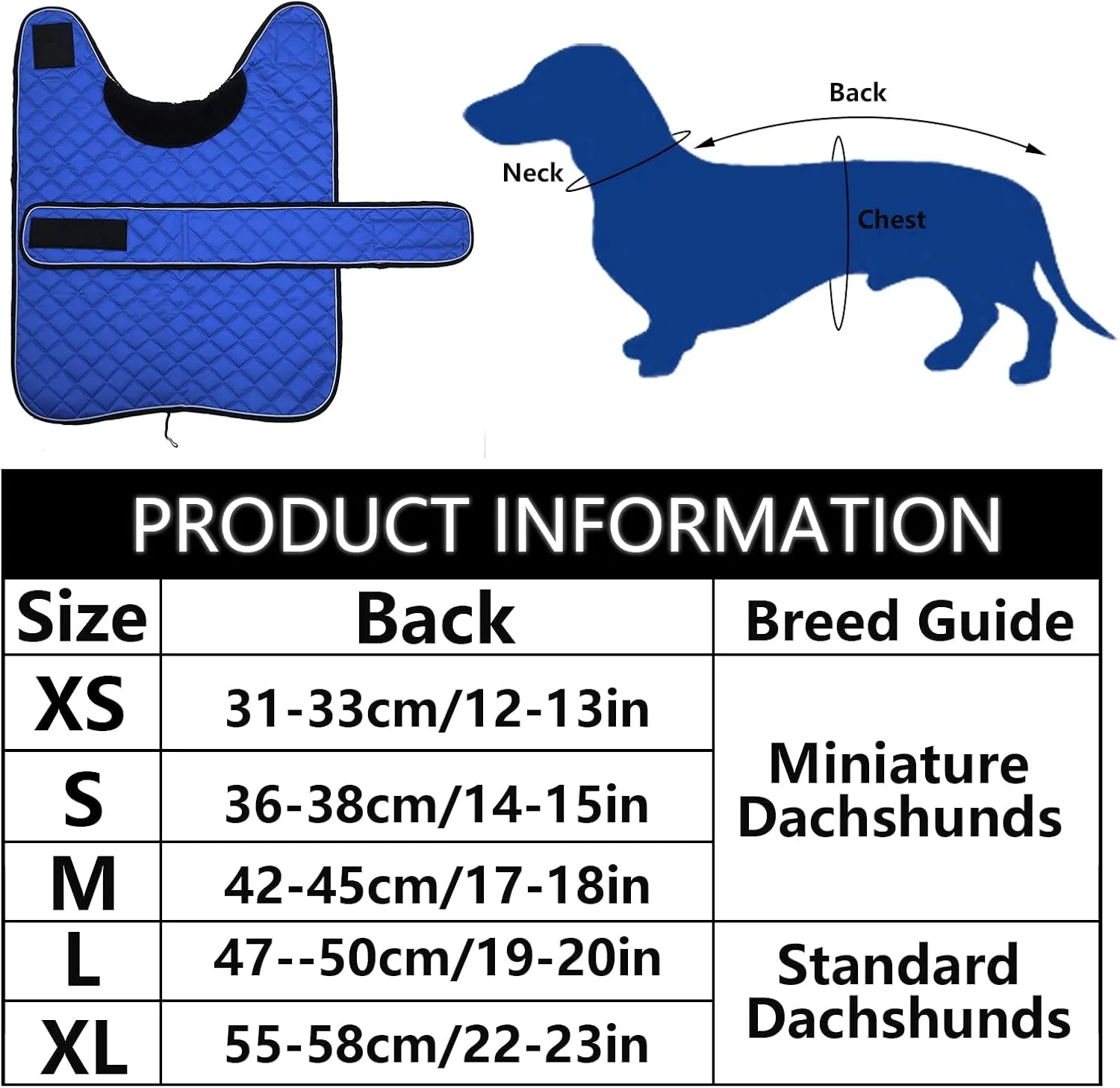 Warm Thermal Quilted Dachshund Coat, Dog Winter Coat with Warm Fleece Lining, Outdoor Dog Apparel with Adjustable Bands for Medium, Large Dog-Blue-M