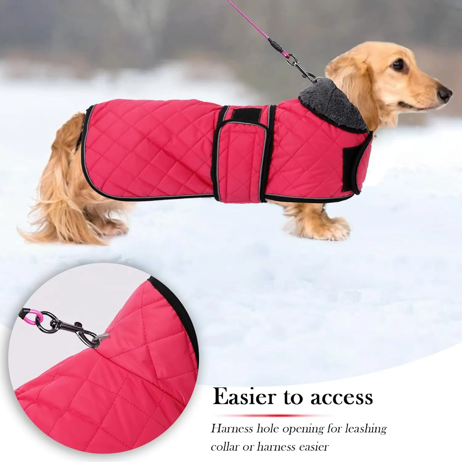 Warm Thermal Quilted Dachshund Coat, Dog Winter Coat with Warm Fleece Lining, Outdoor Dog Apparel with Adjustable Bands for Medium, Large Dog-Pink-L