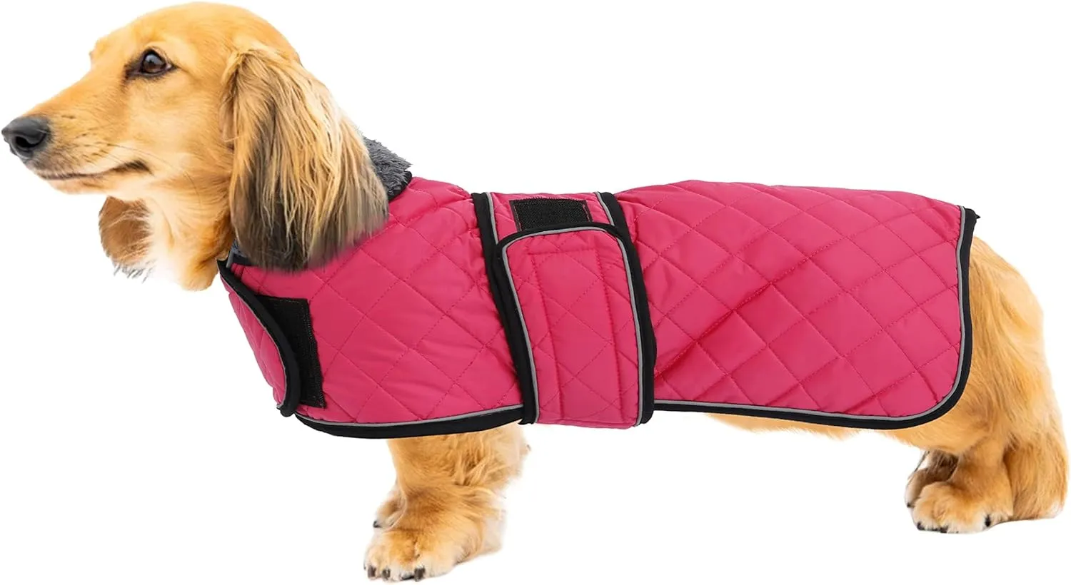 Warm Thermal Quilted Dachshund Coat, Dog Winter Coat with Warm Fleece Lining, Outdoor Dog Apparel with Adjustable Bands for Medium, Large Dog-Pink-L
