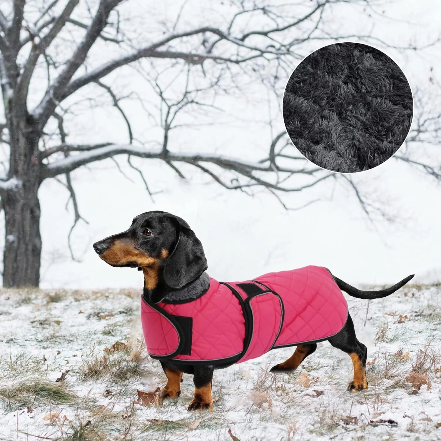 Warm Thermal Quilted Dachshund Coat, Dog Winter Coat with Warm Fleece Lining, Outdoor Dog Apparel with Adjustable Bands for Medium, Large Dog-Pink-L