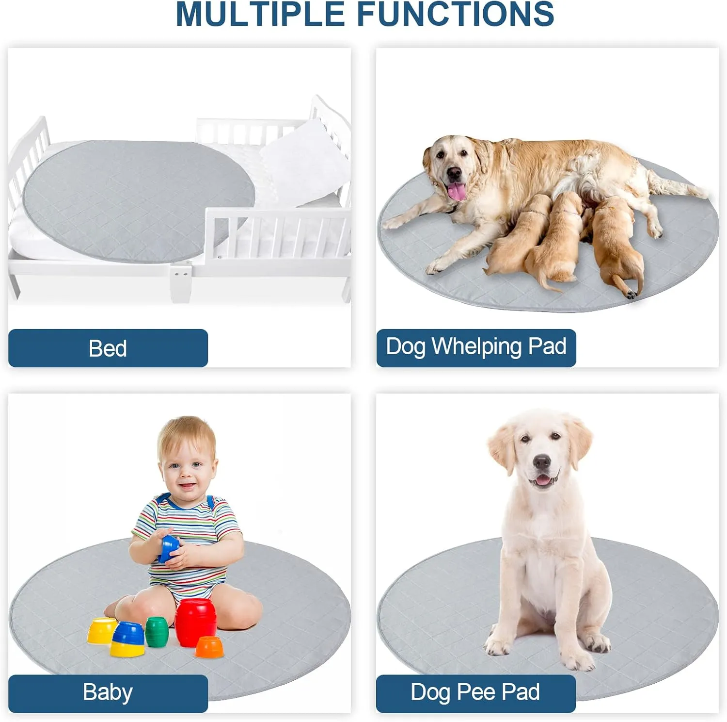 Washable Dog Pee Pads 2 Pack, Waterproof Dog Whelping Pads, Reusable Pee Pad Quilted, Fast Absorbing Training Pads for Dogs, Housebreaking Absorption Pads, Grey & Navy