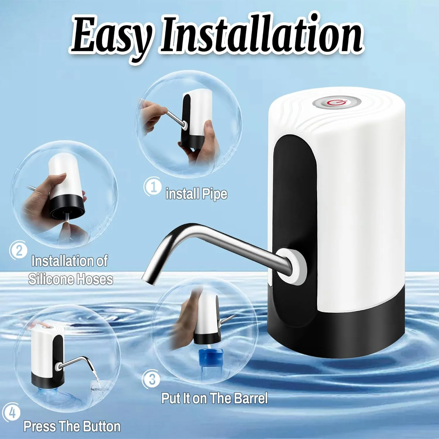 Water Table Pump, Portability Electric Water Pump with USB Data Cable,White Automatic Drinking Water Bottle Pump for Travel, Kitchen, Home, Office